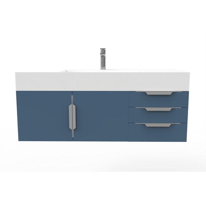 Meuble-lavabo mural simple 48 po avec comptoir à surface solide 48 po, Blanc, Gris, Chrome