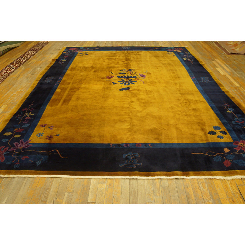 Antique Art Deco Room Size Wool Blue Navy, Gold Rug
