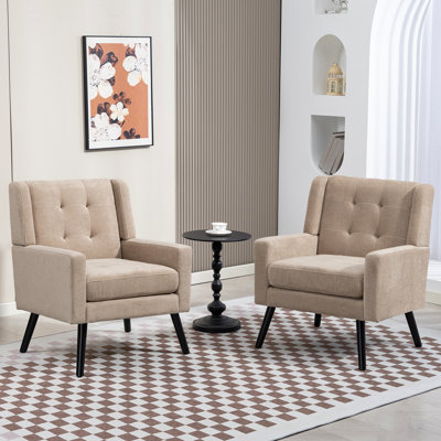 26.77" Mid-Century Modern Accent Chair With Linen Upholstery,  Tufted Back And Black Solid Wood Legs(Set Of 2)