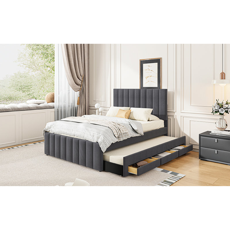 Lit rembourré avec lit gigogne simple et 3 tiroirs en lin gris - Confortable et polyvalent