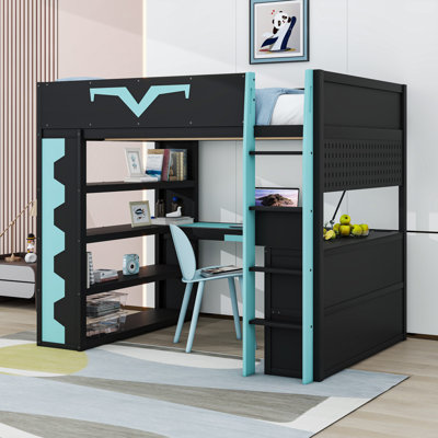 Lit mezzanine double en bois avec lumière DEL, prise de courant, tiroir et tablettes
