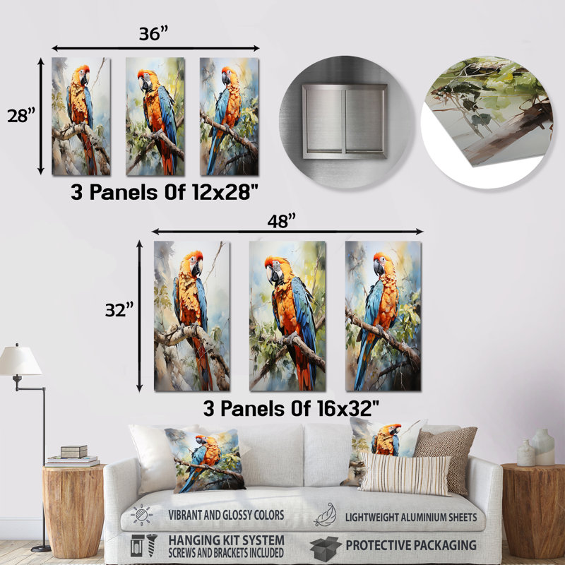«Parrots Sunny Companions Delight», ensemble de 3 reproductions d'art mural en métal, H 28 po x l 36 po