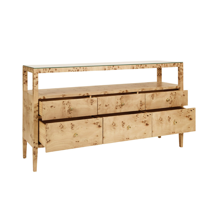 Six Drawer Console With Open Shelf In Burl Wood With Polished Brass Knobs, Burl Wood