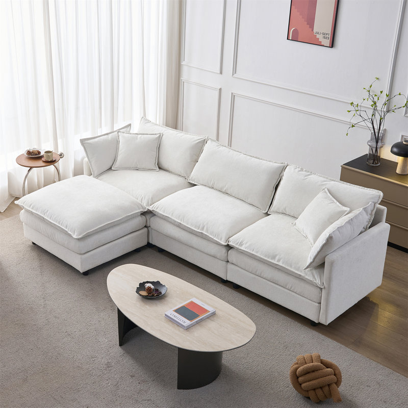 Canapé modulaire de 105 po en tissu de chenille rembourré de 105 po, canapé 3 places avec repose-pieds beige, Chenille beige