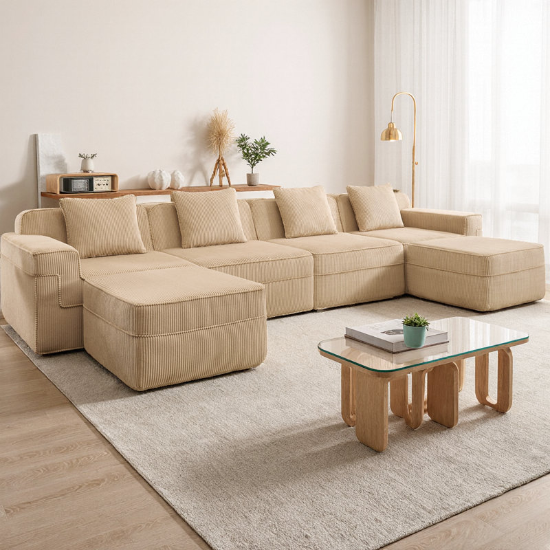 Modular 4-Seat U-Shaped Sectional Boneless Sofa, Cloud Couch with Deep Seating & 2 Movable Ottomans, Modern Corduroy Fabric Sectional with Throw Pillows for Living Room