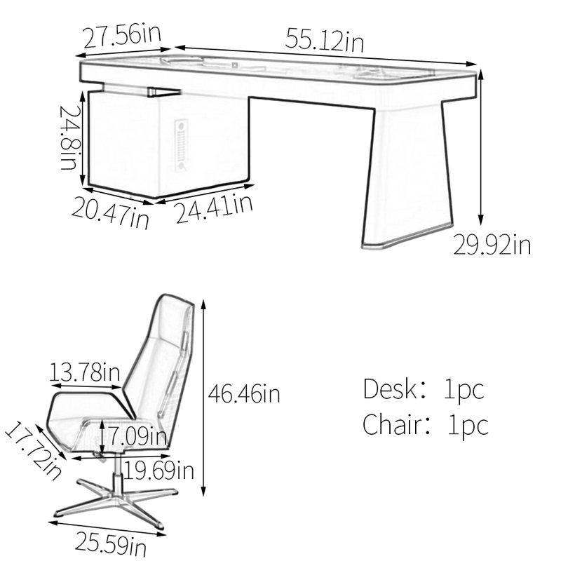 Bureau de table en pierre frittée, H 29,53 po x l 55,12 po x P 27,56 po