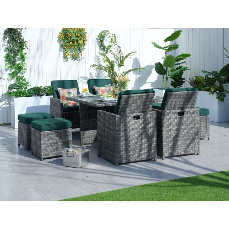 8 - Person Wicker Patio Dining Set with Square Table , Cushions Included, Gray, Atrovirens