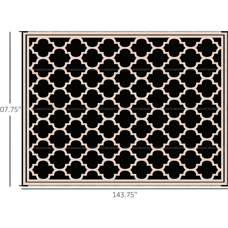 Reversible Picnic Rug Carpet, 9' X 12', Waterproof Outdoor Camping Mat With Carry Bag, For Backyard, Deck, Beach, Black Polypropylene Mat, Carpet And Beige