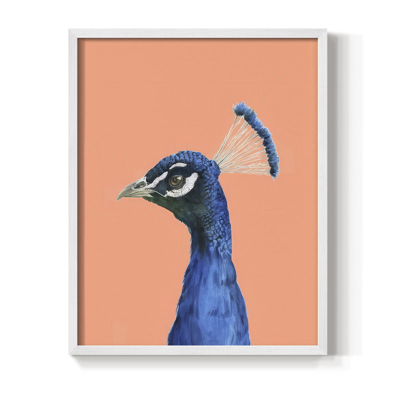 «Peach Peacock Portrait II», reproduction encadrée - bois massif, H 11 po x l 9 po, Blanc