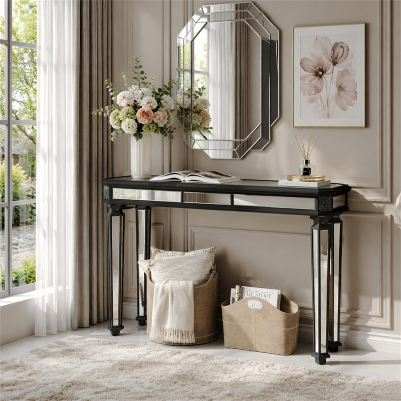 Miroir noir avec console en bois rétro, H 32,68 po x l 48 po x P 14 po, Argent / noir + argent, Noir et argent
