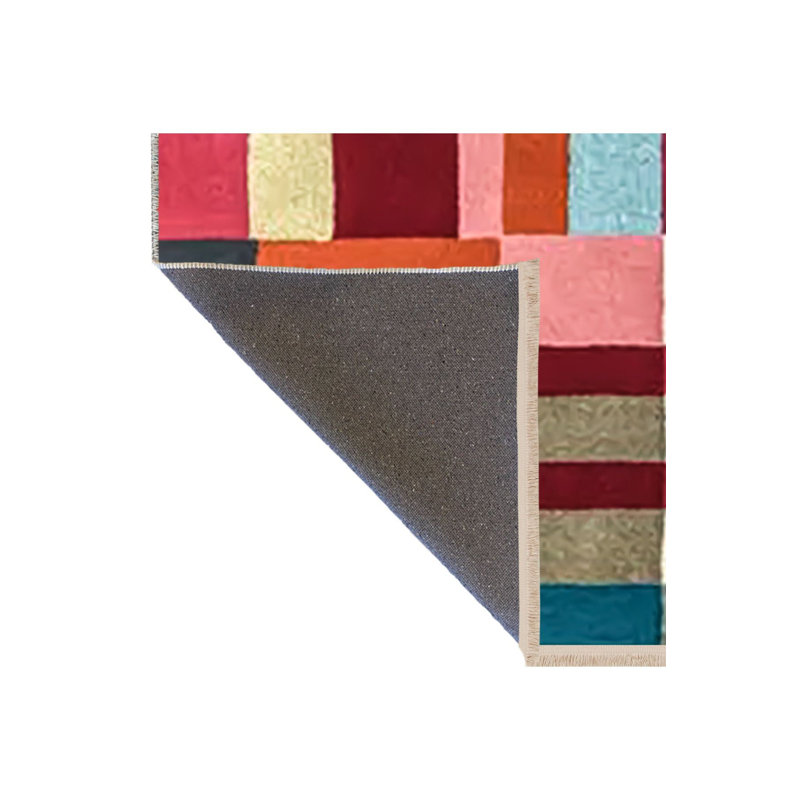Tapis multicolore multicolore à motif géométrique abstrait à franges et lavable à la machine, Carré 3 pi 3 po