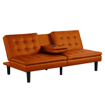 Contemporary Orange Futon - Style With Biscuit Tufting, A & C Chargers, Drop Down Table And Bed Making Ease, 71.5"W X 35.5"D 32"H Built In Ports, Convertible Design,