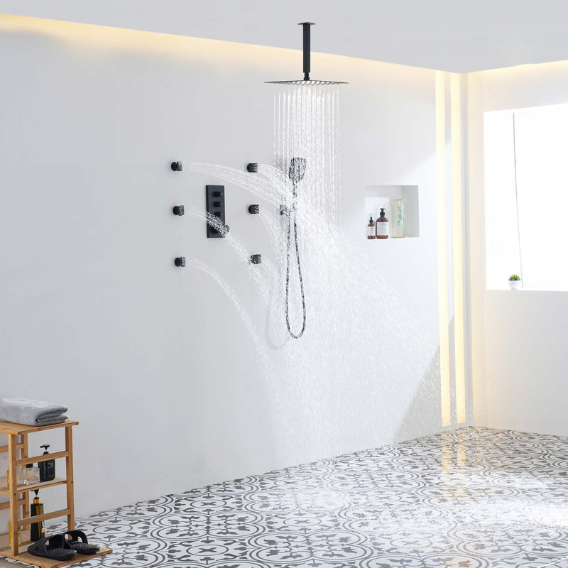 Système de douche thermostatique à 3 fonctions 12 po avec pomme de douche carrée, Noir
