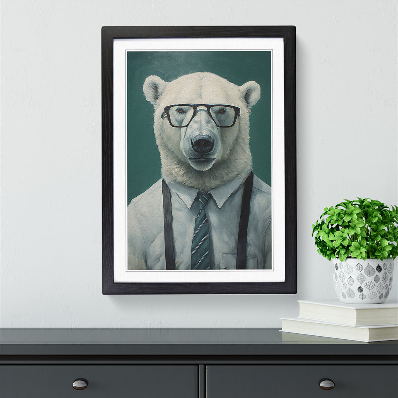 Polar Bear With Glasses No.3 - Single Picture Frame Print on Wood, Black Framed, 46cm H x 34cm W x 2cm D