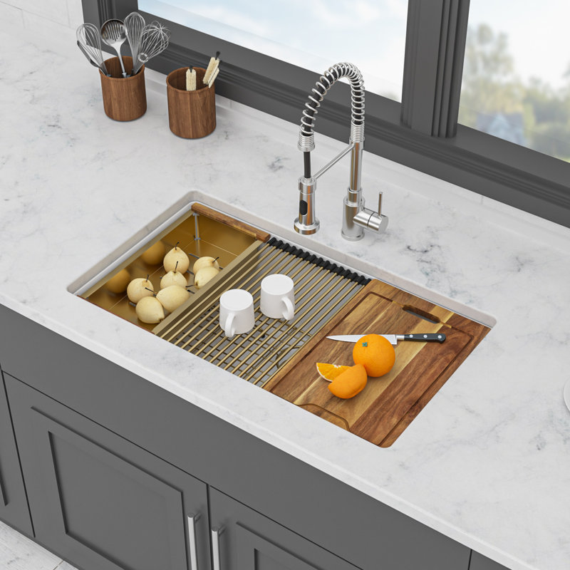 Évier de cuisine moderne en quartz, 33 x 19 x 9,65 po, granit blanc, idéal pour les cuisines familiales