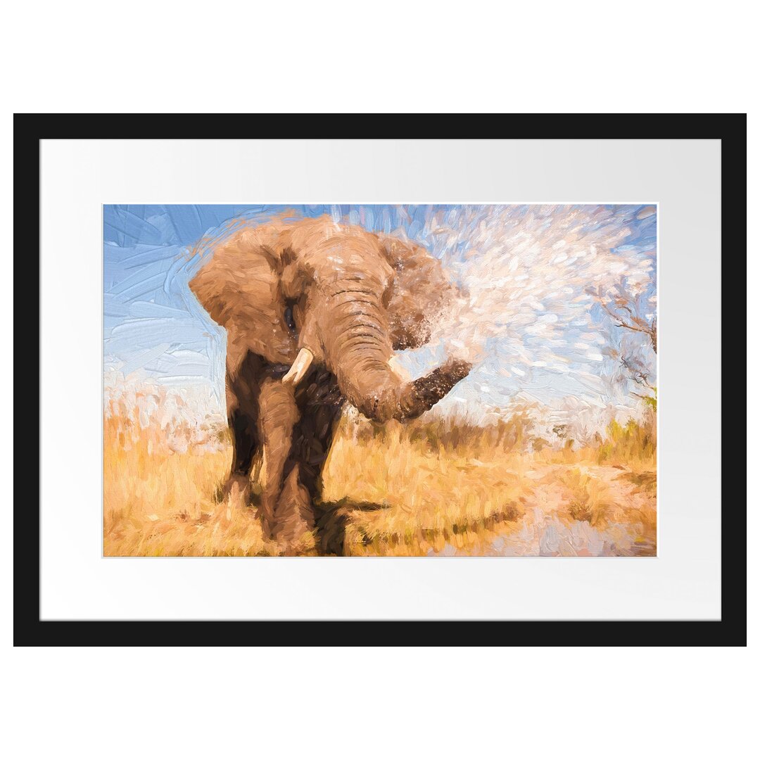 Gerahmtes Poster Elefant Spritzt mit Wasser