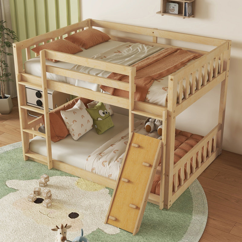Floor Bunk Bed, Playhouse Floor Bunk Bed With Climbing Ramp, Ladder, Safety Guardrails, Natural