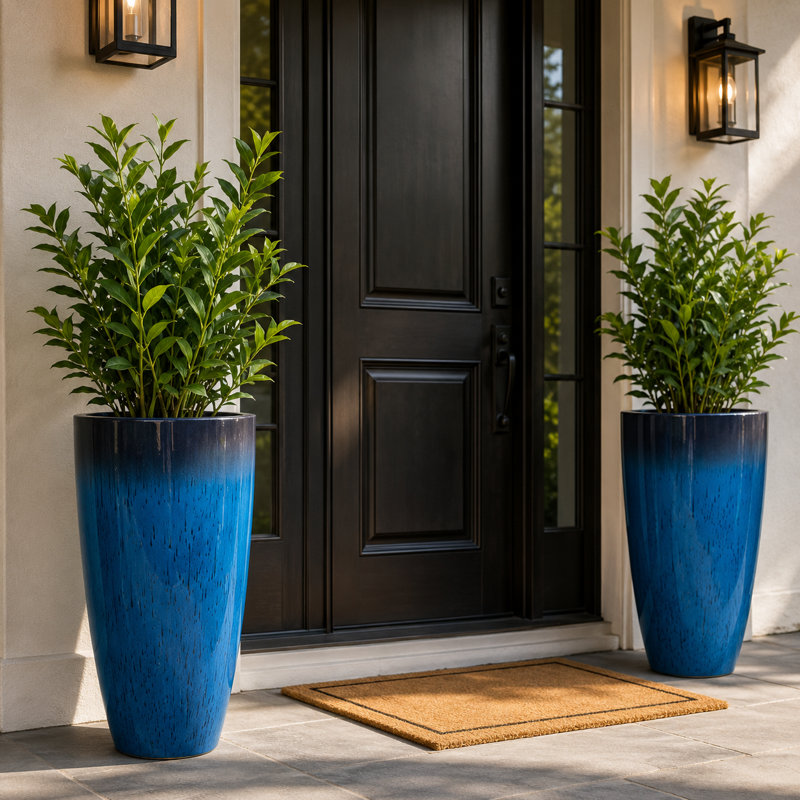 Ensemble de 2 pots à fleurs en résine artificielle brillante avec soucoupes et écrans de drainage Modern Modern, Bleu, 2
