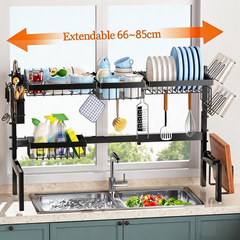Égouttoir à vaisselle ajustable en forme de H, organisateur de séchage de vaisselle en acier au carbone avec paniers de rangement