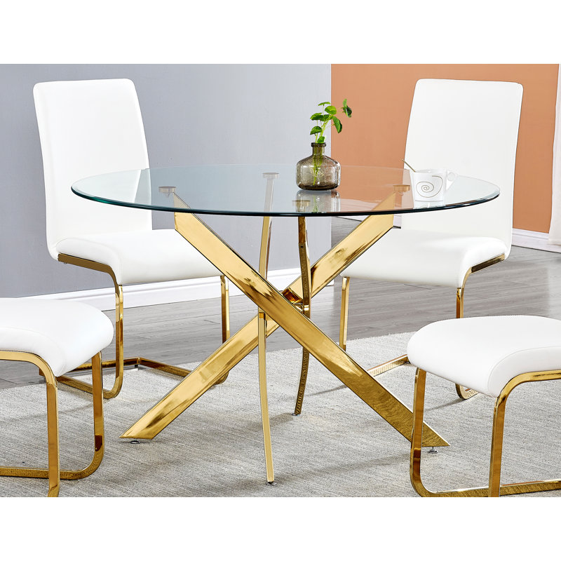  Modern 47" Round Glass Dining Table with Sculptural Metal Base – Seats 4, Gold Finish, 47'' L x 47'' W, Gold
