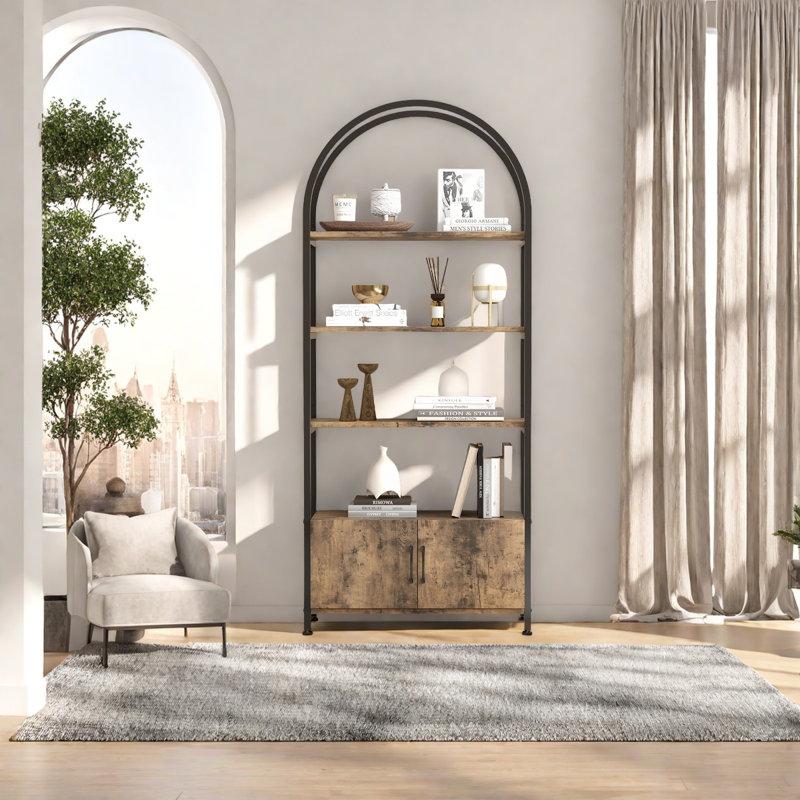Bookshelf With Door, Tall Bookcase With Storage Cabinet Shelf, Black/Brown