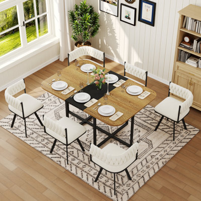 Ensemble de table de salle à manger 7 pièces pour 6, 1 table et 6 chaises rembourrées en velours beige, table en mélamine grain de bois noir et bois, ensemble de coin de cuisine capitonné moderne pour la salle à manger, appartement et petit espace