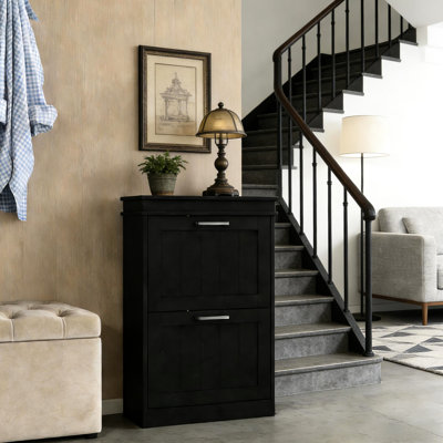 Hallway Shoe Storage Cabinet, Slim And Practical With Two Flip Doors Strip Handles, Drawers Featuring 2 - Level Adjustable Shelves To Store 10 Pairs Of Shoes, Flat Tabletop For Convenience, Board,