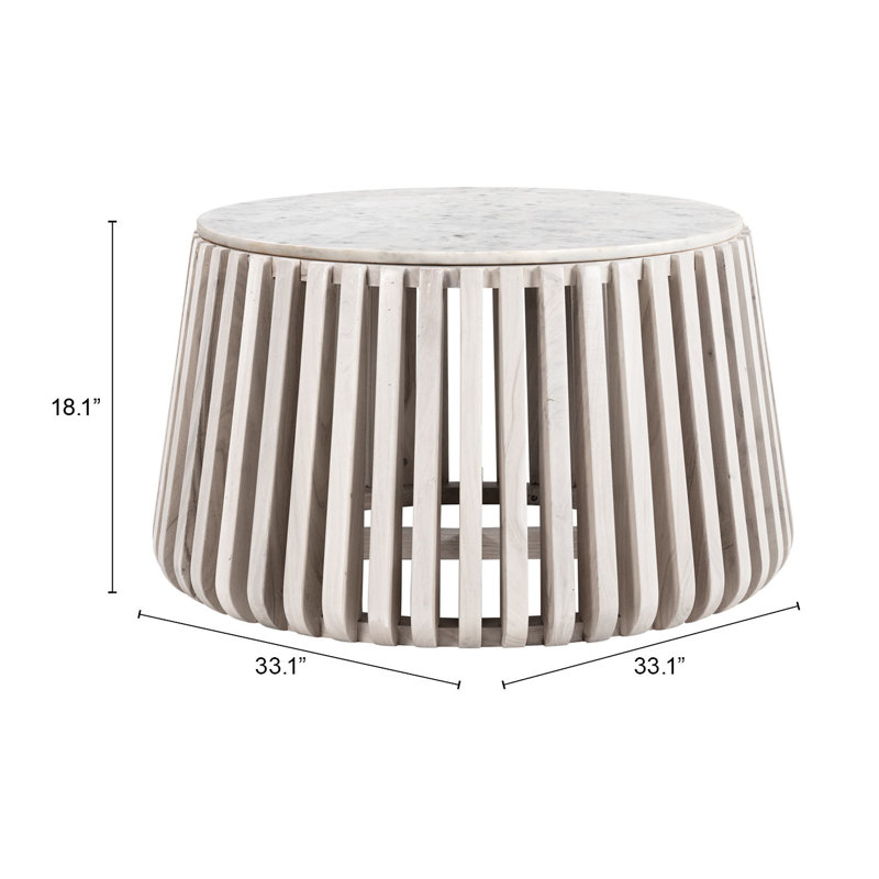 Round White Marble Top Coffee Table with Natural Wood Base