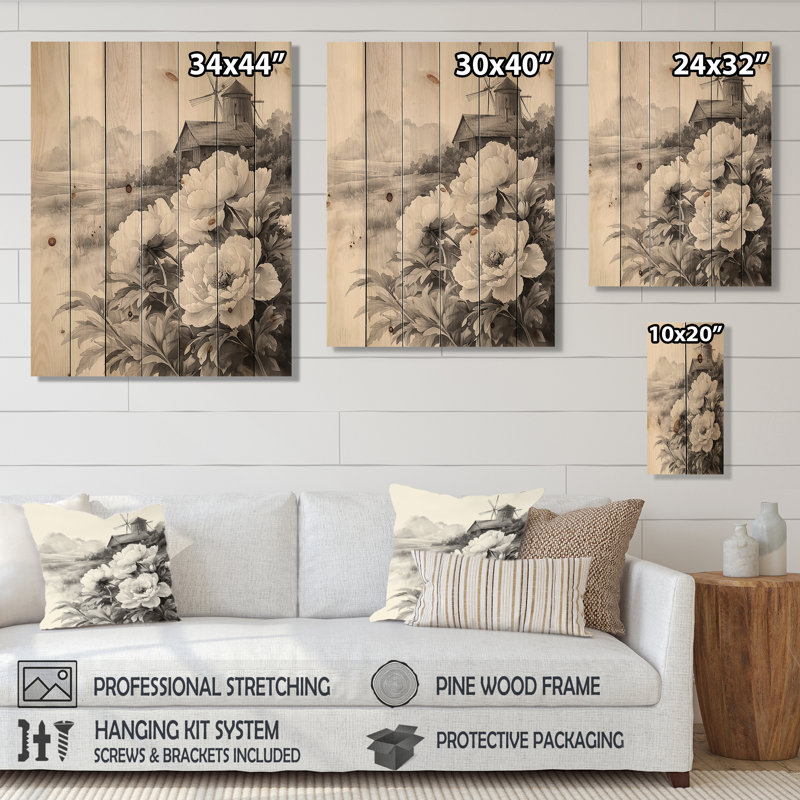 Monochrome Peonies And The Windmill II - Peonies Wood Print - On Natural Pine Wood, 20" H x 10" W x 0.78" D