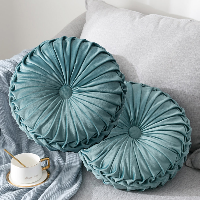 Coussin en velours à boutons, Bleu lac