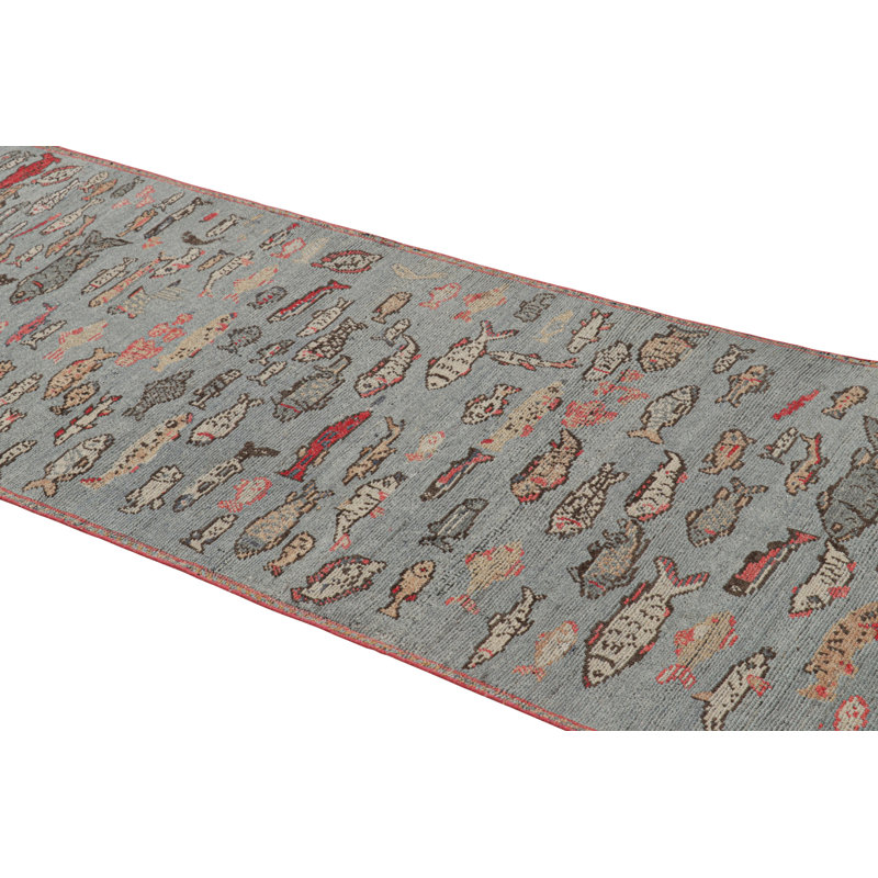 Rug & Kilim’S Mid-Century Style Runner Rug In Blue With Colorful Fish Pictorials, Rectangle 5' x 7'
