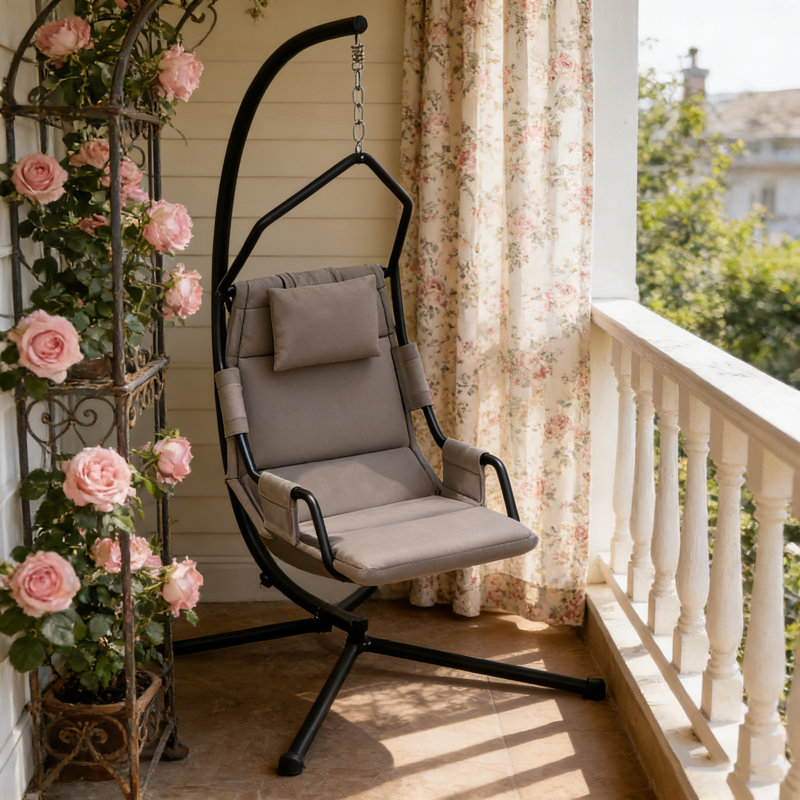Balancelle suspendue avec structure en acier, coussin résistant aux intempéries et support réglable pour une utilisation intérieure et extérieure.