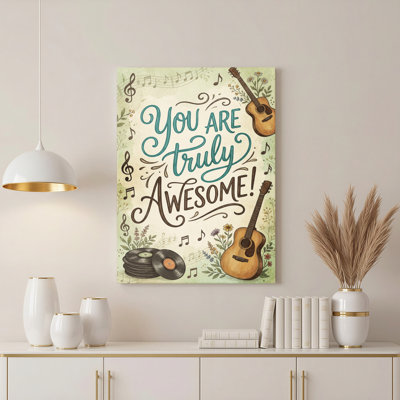 Notes de musique, guitare et disques vinyles, reproduction d'art sur toile tendue sur toile avec éléments floraux et citation inspirante «You are vraiment génial pour le salon, la chambre à coucher ou le studio de musique»