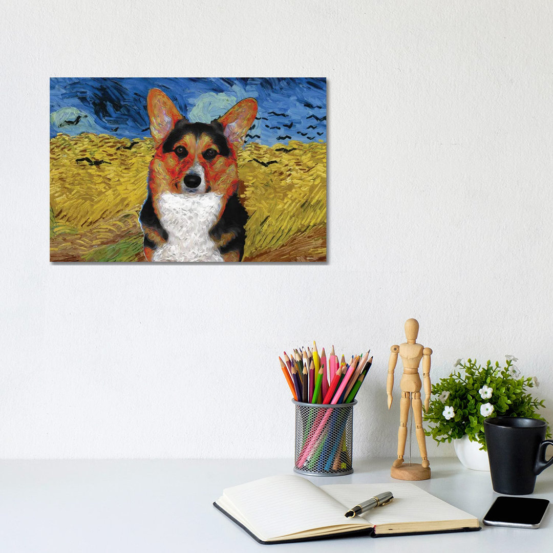Pembroke Welsh Corgi Wheatfield with Crows - Wrapped Canvas Art Prints