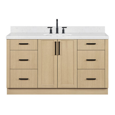 Meuble-lavabo ovale simple de 152 cm (60 po) avec comptoir en quartz blanc de Carrare de 3,8 cm (1,5 po) d'épaisseur, fini chêne naturel