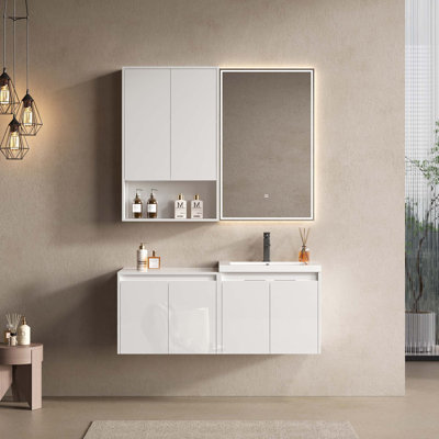 Meuble-lavabo 48 po avec lavabo en résine, 1 armoire murale et 1 armoire latérale, portes à fermeture douce, conception à fixation flottante (emballage KD)