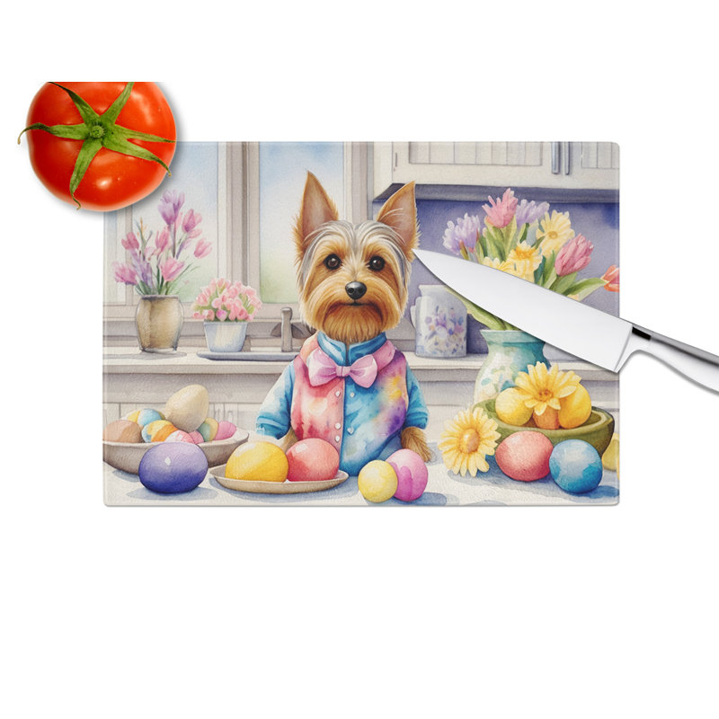 Decorating Easter Silky Terrier Glass Cutting Board