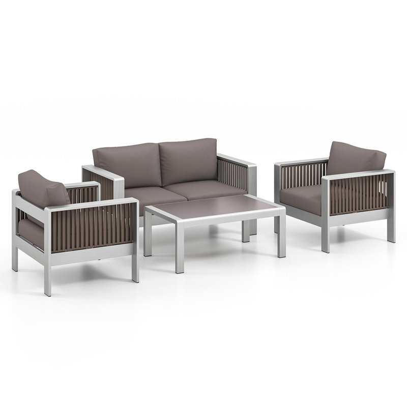 Ensemble de 4 meubles de patio en aluminium avec coussins épais et plateau en verre trempé