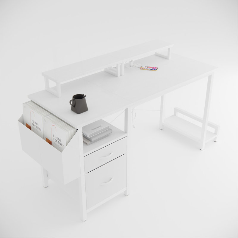 47.3"Office Desk With Power Outlet,2 Monitor Stands,2 Drawers,Side Pocket,Easy To Assemble,Frame Stability Reversible,Use