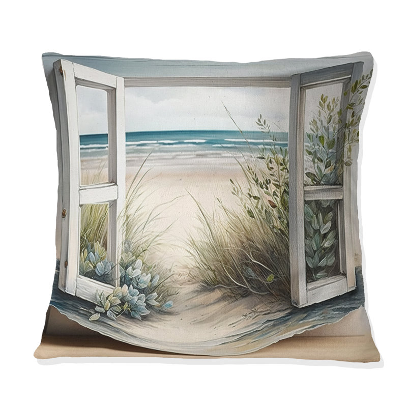 Fenêtre sur la plage V - Coussin imprimé plage côtière, H 18 po x l 18 po, Carré