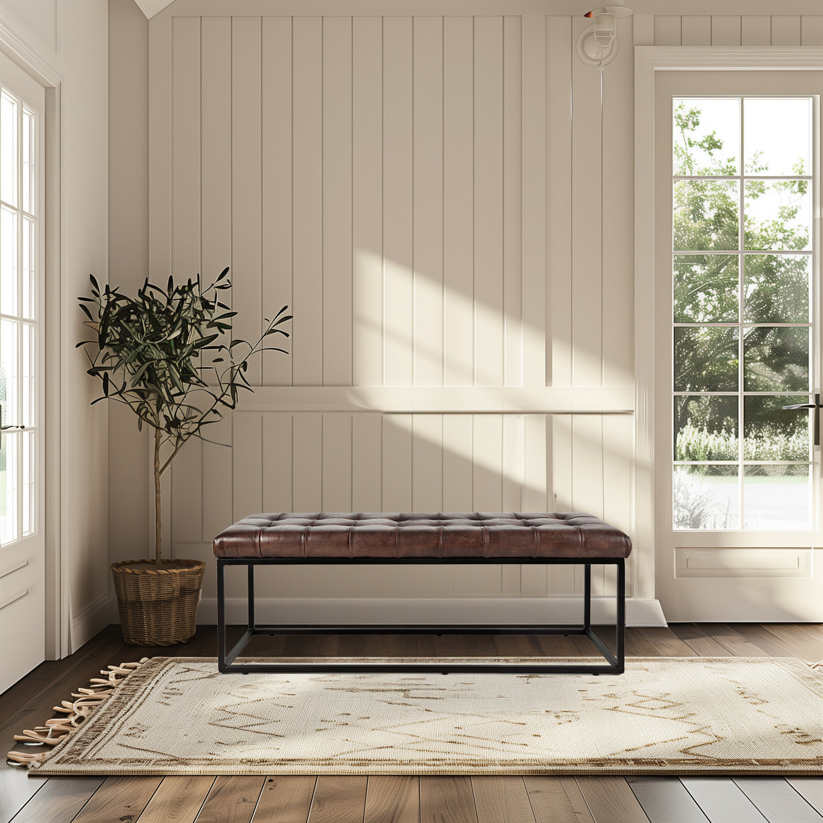 Pearson 50"-55" Genuine Leather Bench, Dark Sienna Top Grain Leather, 17.5" H x 55" W x 17" D