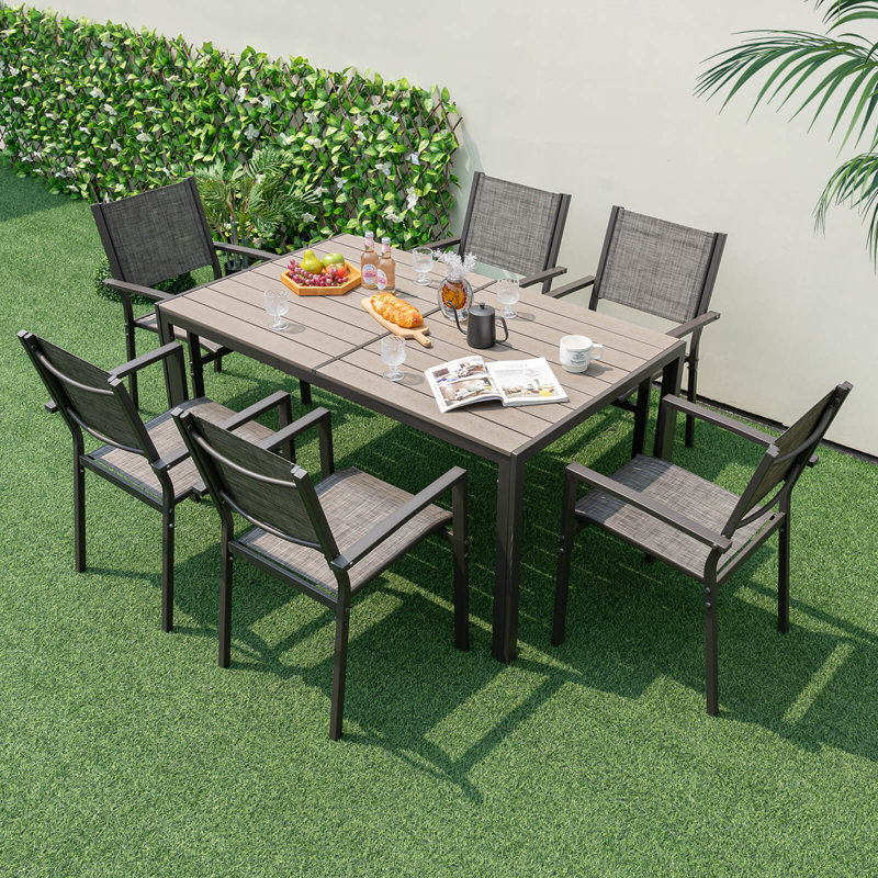 Ensemble repas 7 pièces avec 6 chaises empilables et grande table rectangulaire