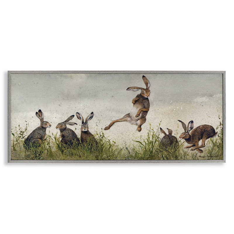 Saut de lièvres en gris sauvage, estampe numérique par Maggie Vandewalle, H 13 po x l 30 po x P 1,5 po