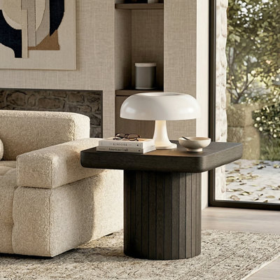 23.6" Modern Solid Wood Veneer End Table with Parquet Pattern and Grooved Cylindrical Base, Compact Square Side Table for Living Room, Matte Black