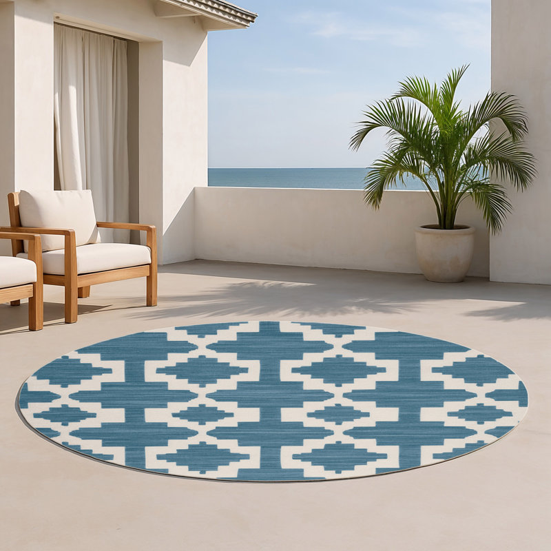 Trellis Blue Indoor and Outdoor Area Rug, Round 5'