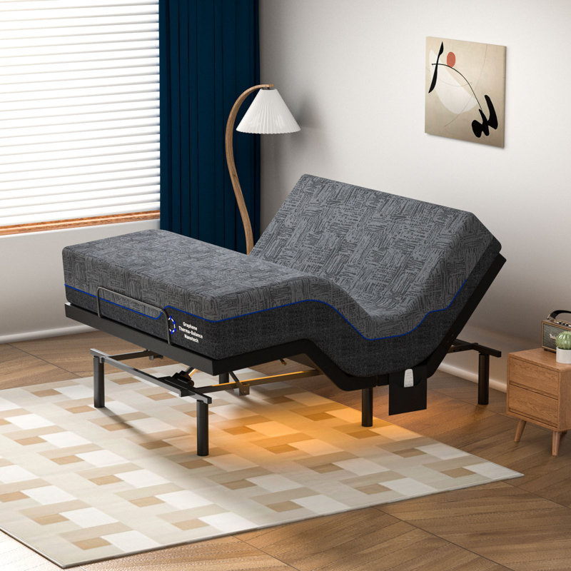 Cadre de lit réglable avec matelas en mousse viscoélastique gélifiée, cadre de lit électrique avec télécommande sans fil, housse en tissu graphène, soulagement de la pression, matelas dans une boîte
