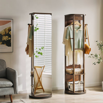 Solid Rubberwood Rotating Full-Length Mirror Cabinet