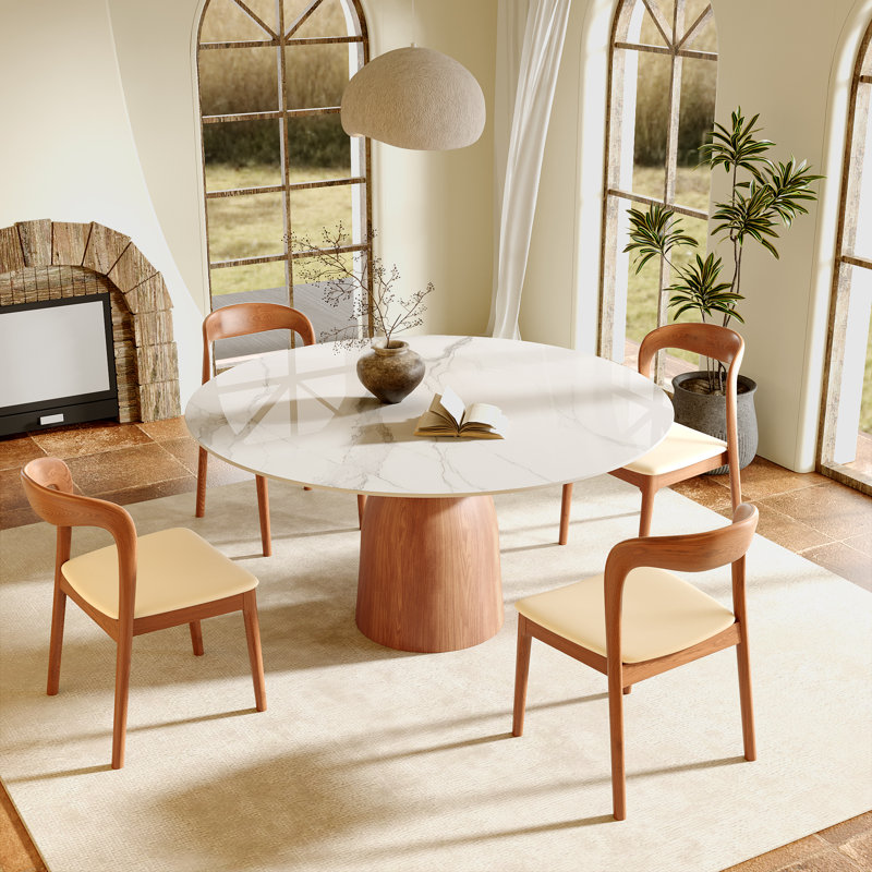 Mid-Century Modern Round Dining Table, 39"/43"/47"/53"/59" Sintered Stone Top, Solid Wood Base, Farmhouse Kitchen Table, Stain & Scratch Resistant