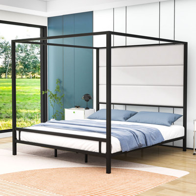 Metal Canopy Bed with Upholstered Linen Headboard by Gracie Oaks