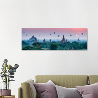 Old Temples with Hot Air Balloons at Sunrise, Bagan, Myanmar 1 Piece Wrapped Canvas Panoramic Wall Art
